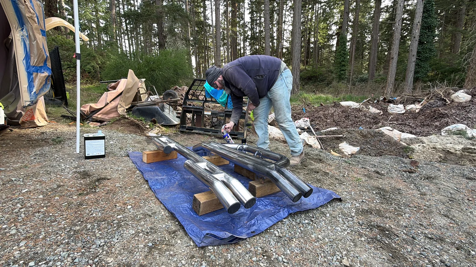 Laying out and measuring parts on a tarp for the intricate masking